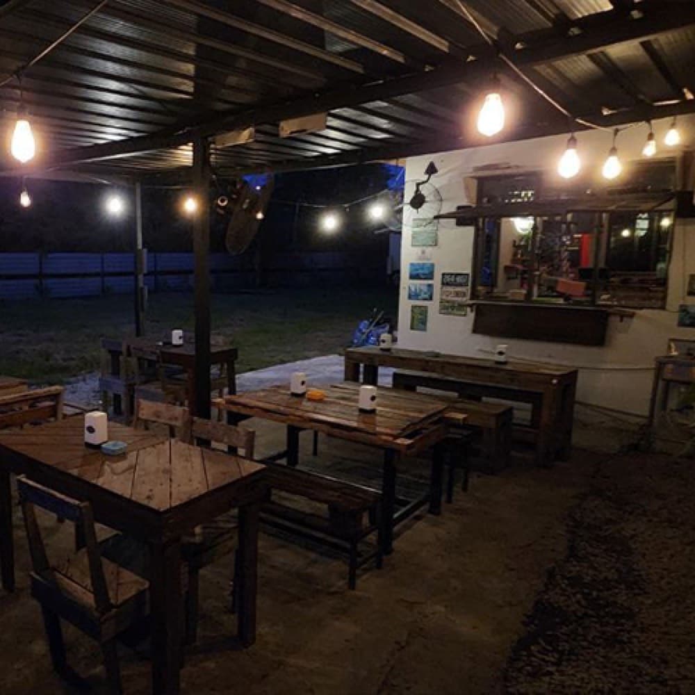 The night patio under festoon lights